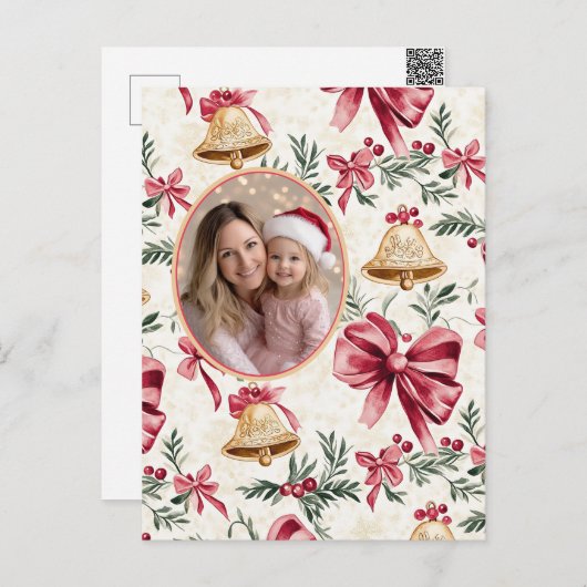 Rosa Bows Gold Bells Foto Postkarte (Vorne/Hinten)