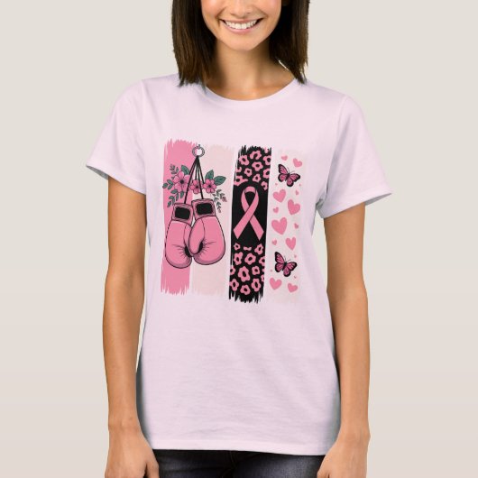 Rosa Boxhandschuhe und Leopard Print Breast Cancer T-Shirt (Vorderseite)