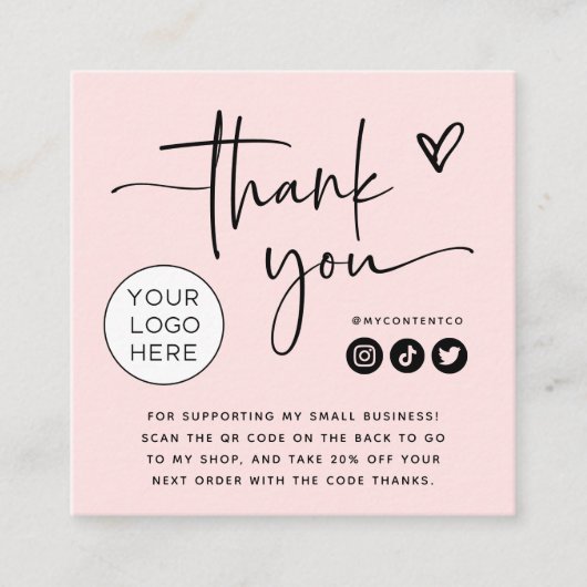 Rosa | Branding Vielen Dank Packkarte Quadratische Visitenkarte (Vorderseite)