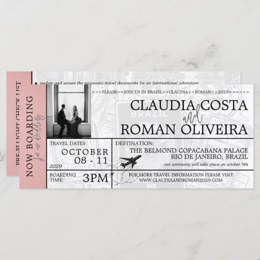 Rosa Brasilien Hochzeit Boarding Pass Einladung (Vorne/Hinten)