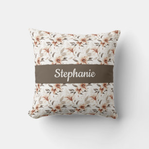 Rosa Braune Aquarell-Wildblumen-Monogramm-Name Kissen