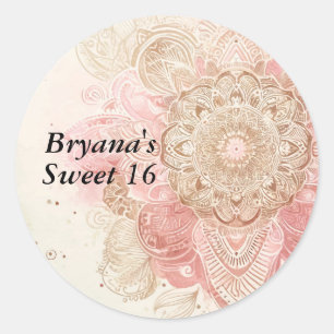 Rosa braune Creme-Mandala bohemian Boho Geburtstag Runder Aufkleber