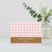 Rosa braune Gingham-individuelle Name-Rezeptkarte Postkarte (Stehend Vorderseite)