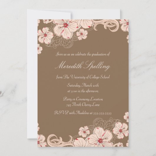 Rosa + braune Kirschblüte Chic Graduierung Party Einladung (Vorderseite)