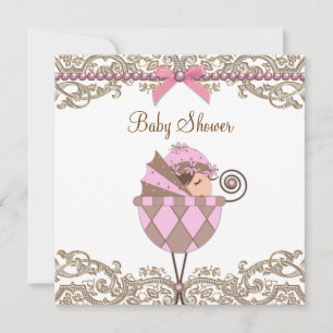 Rosa braune Perlen Spitze Mädchen Baby Shower Einladung