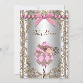 Rosa braune Perlen Spitze Mädchen Baby Shower Einladung