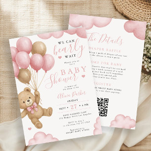 Rosa braune Teddybär-Balloons Mädchen-Baby-Party Einladung
