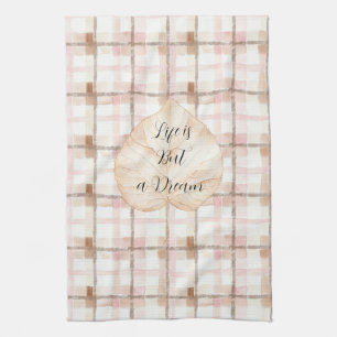 Rosa Braune Weiße Karierte Streifen Blätter Geschirrtuch