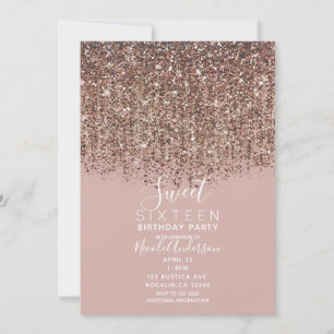 Rosa Braungrau Bronze Gold Glitter Süße 16 Party Einladung