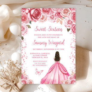 Rosa Braunhaarige Prinzessin Sweet Sixteen Einladung