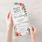 Rosa Braut und Blütenblütenhochzeit in elegantem R All In One Einladung (Abreißen)