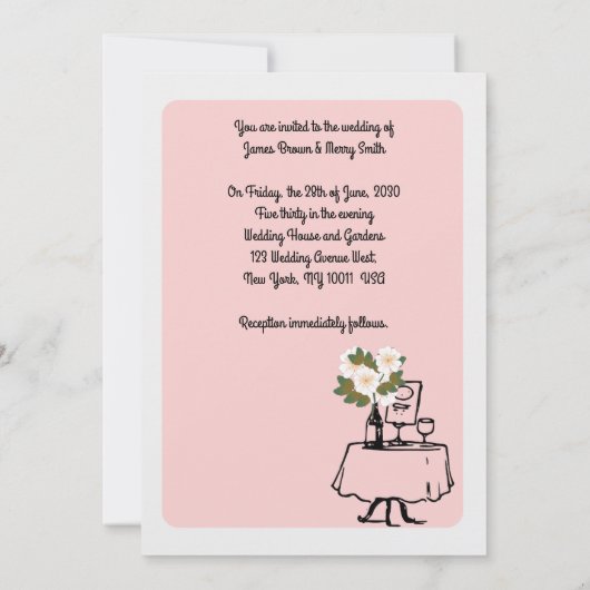 Rosa Braut und Groomtisch Schwarz-Weiß-Hochzeit Einladung (Rückseite)