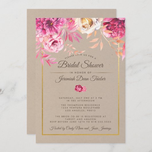 Rosa Brautdusche Einladung (Vorne/Hinten)