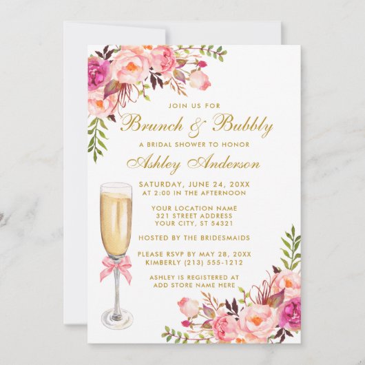 Rosa Brautparty Brunch Bubbly Gold Einladung (Vorderseite)