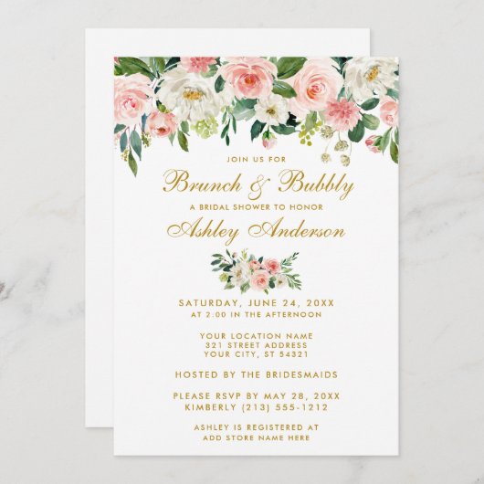 Rosa Brautparty Brunch Gold Einladung Pink (Vorne/Hinten)