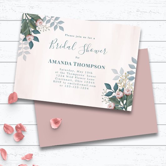 Rosa Brautparty Elegante Blumensprache Einladung