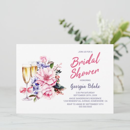 Rosa Brautparty Floral Champagner Einladung (Stehend Vorderseite)