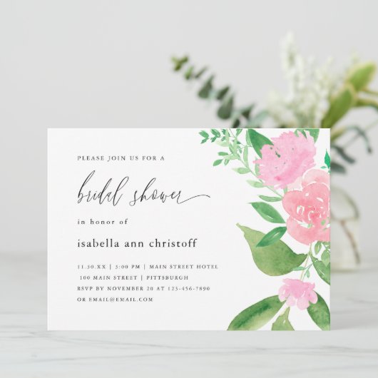 Rosa Brautparty mit Blumen und Kalligrafie Einladung (Stehend Vorderseite)