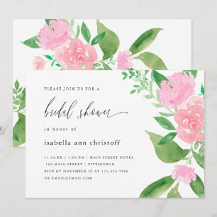 Rosa Brautparty mit Blumen und Kalligrafie Einladung