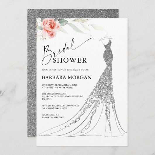 Rosa Brautparty mit floralen und silberfarbenen Ho Einladung (Vorne/Hinten)