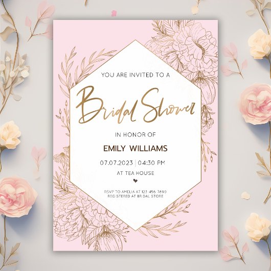 Rosa Brautparty mit goldenen Blume und Blätter Einladung