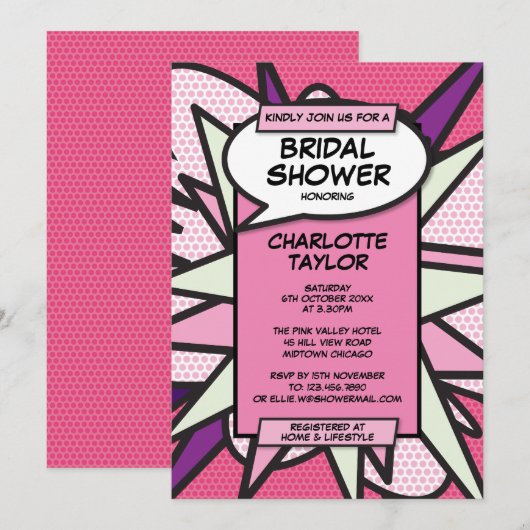 Rosa Brautparty Modernes Fun Comic Buch Einladung (Vorne/Hinten)