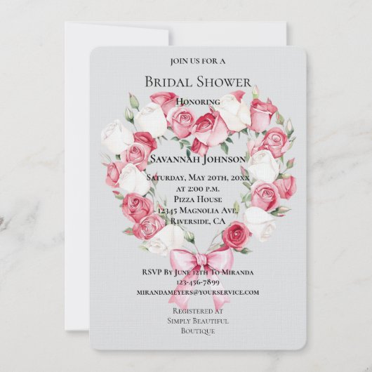 Rosa Brautparty Rose Bläsernherz Einladung (Vorderseite)