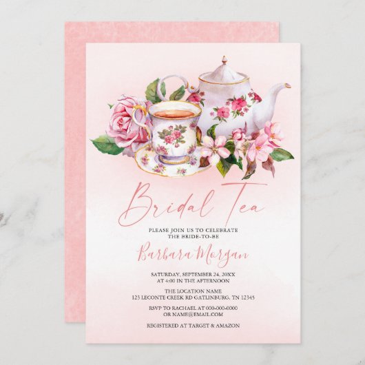 Rosa Brautparty Tee Party Einladung (Vorne/Hinten)