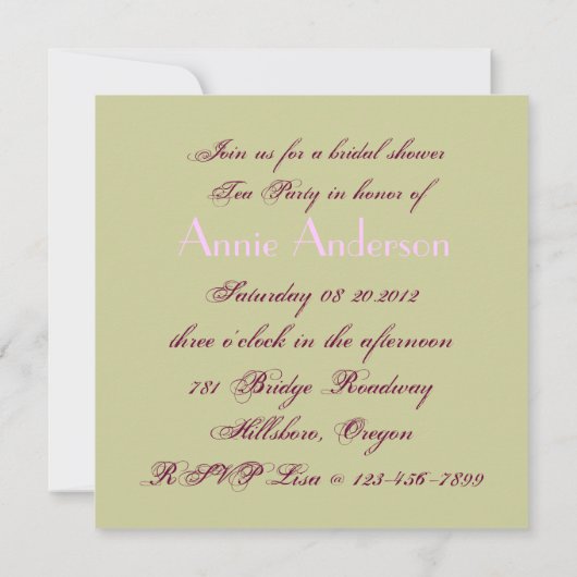 Rosa Brautparty Tee Party Einladung (Rückseite)