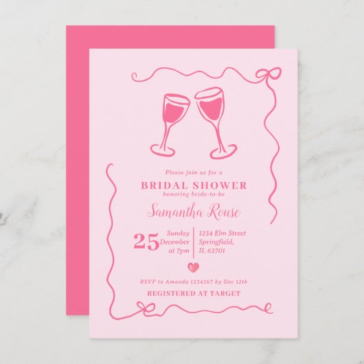 Rosa Brautparty Valentine mit Bow Einladung (Vorne/Hinten)