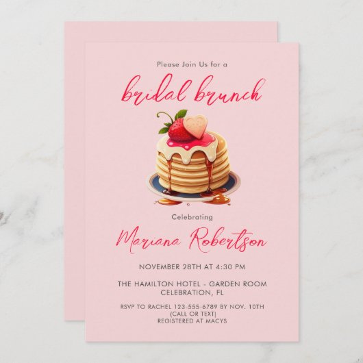 Rosa Bridal Brunch Pancakes Brautparty Einladung (Vorne/Hinten)