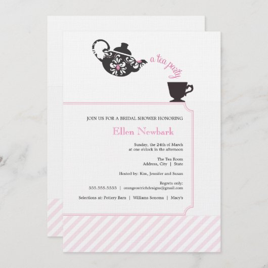 Rosa Bridal Dusche Einladung - Tee (Vorne/Hinten)