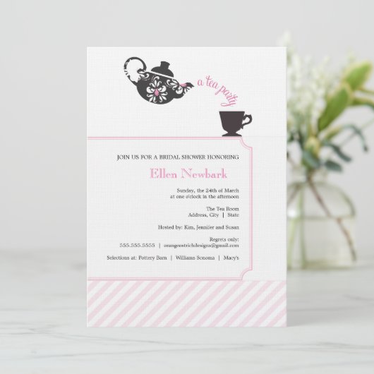 Rosa Bridal Dusche Einladung - Tee (Stehend Vorderseite)