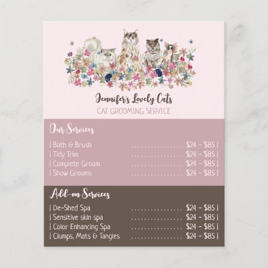 Rosa Broschüre Katzen Grooming-Service Angebote (Vorne)