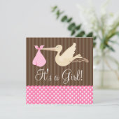 Rosa Brown-Storch punktiert Mädchen-Babyparty Einladung (Stehend Vorderseite)