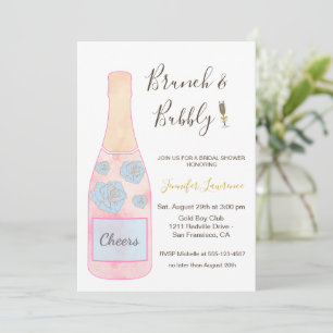 Rosa Brunch Bubbly Champagnerflasche Brautdusche Einladung