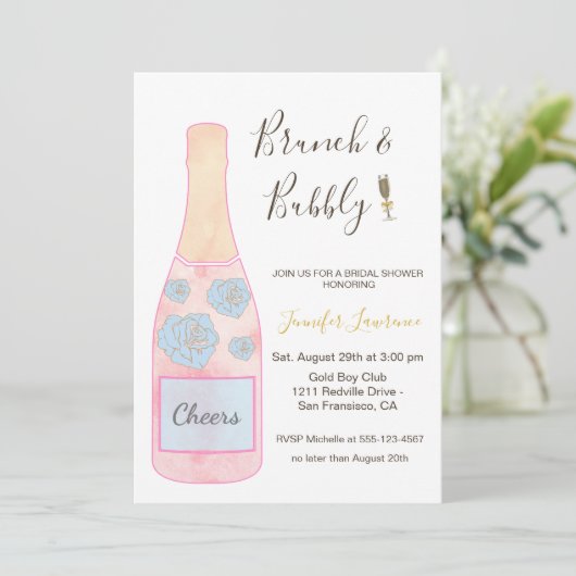Rosa Brunch Bubbly Champagnerflasche Brautdusche Einladung (Stehend Vorderseite)