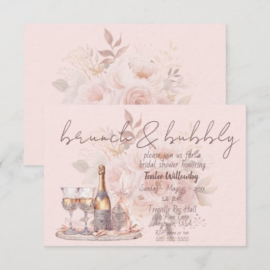 Rosa Brunch & Bubbly Hochzeitsdusche Einladung (Vorne/Hinten)
