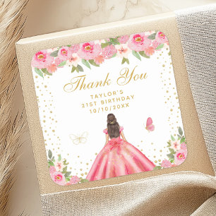 Rosa Brünett Hair Prinzessin Birthday Party Quadratischer Aufkleber