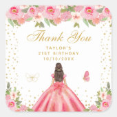 Rosa Brünett Hair Prinzessin Birthday Party Quadratischer Aufkleber (Vorderseite)