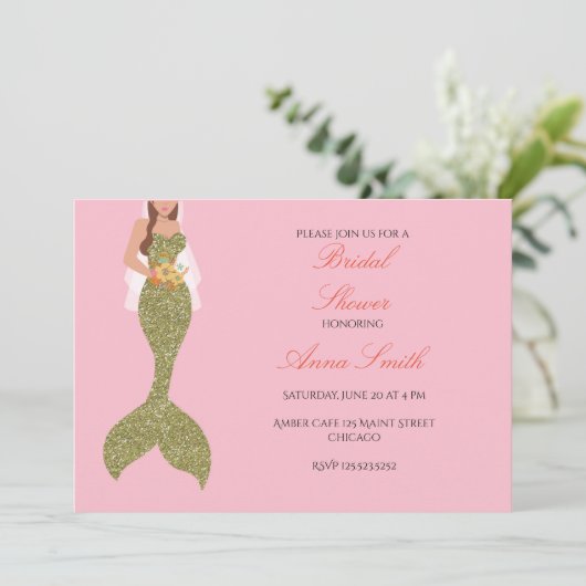Rosa brünettes Meerjungfraueinladungs-Brautparty Einladung (Stehend Vorderseite)