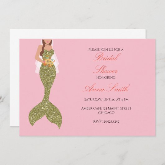 Rosa brünettes Meerjungfraueinladungs-Brautparty Einladung (Vorne/Hinten)