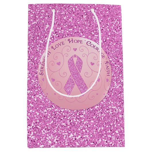 Rosa Brustkrebs Schleife Glitzer Geschenktasche Mittlere Geschenktüte (Vorderseite)