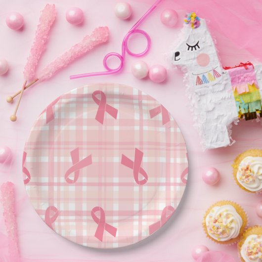 Rosa Brustkrebs Schleife Kariertes Muster Pappteller (Party)