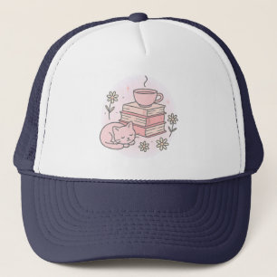 Rosa Bücher Katze und Tasse Tee Truckerkappe