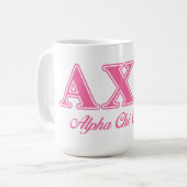 Rosa Buchstaben Alphi Chi-Omegas Kaffeetasse (Vorderseite Links)