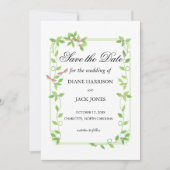 Rosa Buds auf grüner Hochzeit speichern das Datum Einladung (Vorderseite)