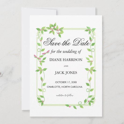 Rosa Buds auf grüner Hochzeit speichern das Datum Einladung (Vorderseite)
