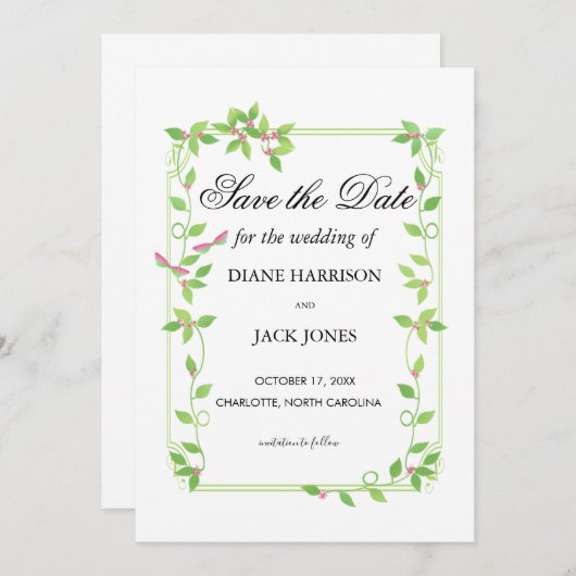 Rosa Buds auf grüner Hochzeit speichern das Datum Einladung (Vorne/Hinten)