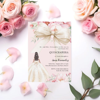 Rosa Bugblumen, cremefarbenes Kleid Quinceanera Einladung